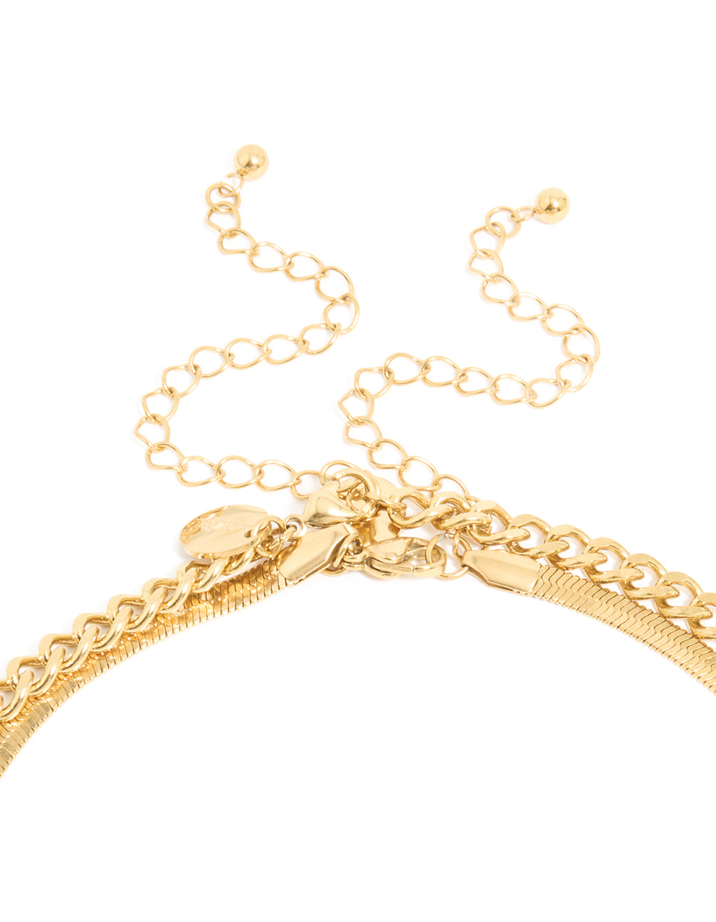 Highlighting men's waterproof necklace with cross pendant and snake chain layers in gold plated stainless steel clasp detail view