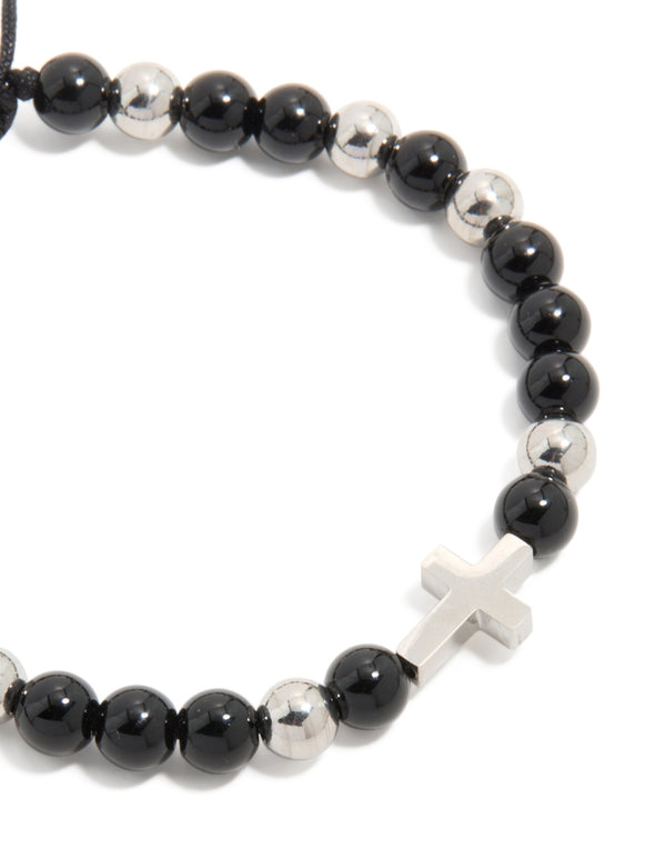 Mens Waterproof Stainless Steel Black Beaded & Cross Cord Bracelet