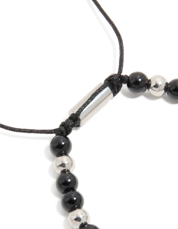 Mens Waterproof Stainless Steel Black Beaded & Cross Cord Bracelet