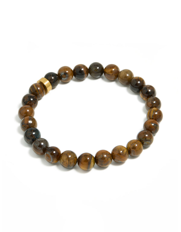 Featuring a mens waterproof stainless steel tiger's eye beaded bracelet in front view