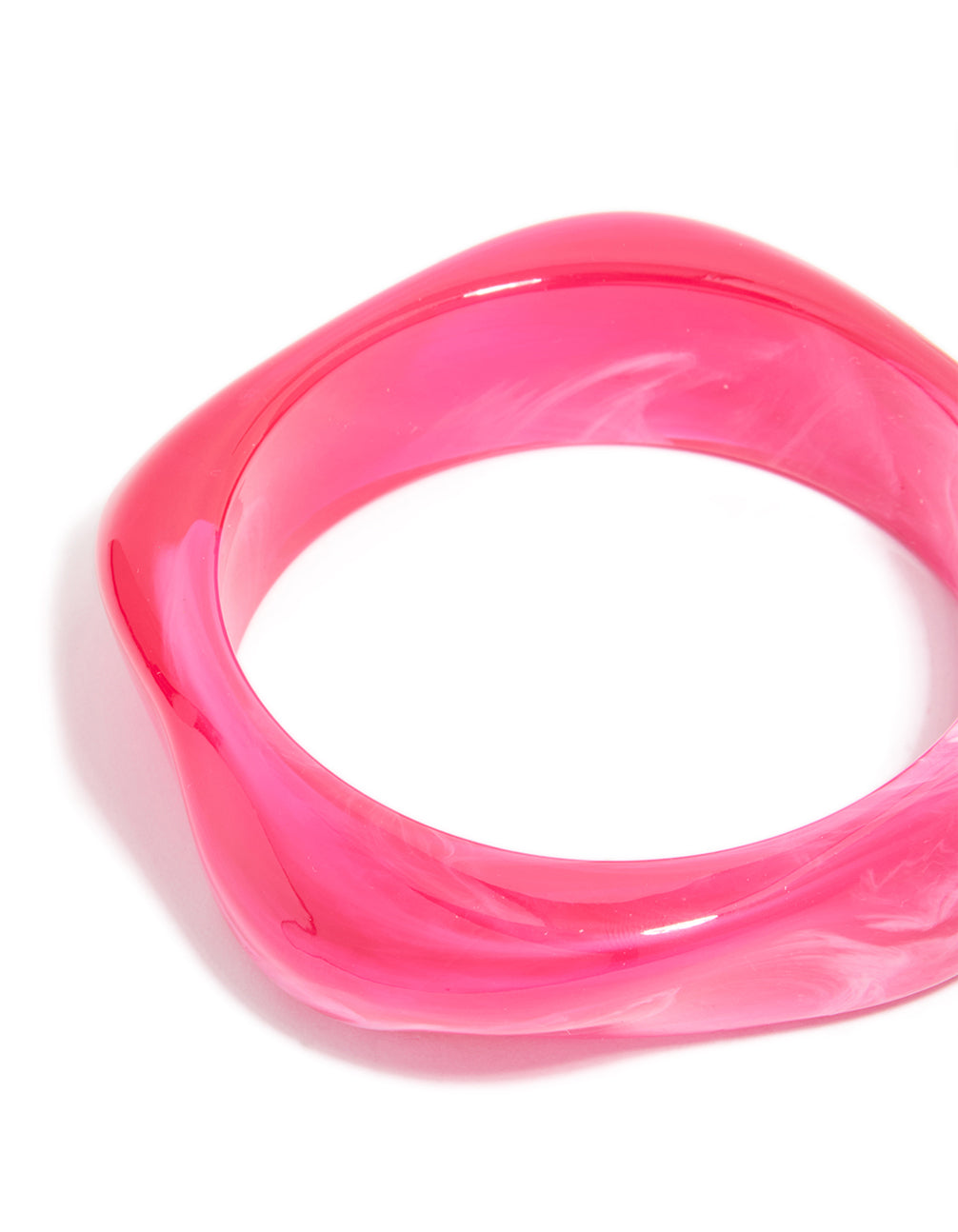 Featuring hot pink acrylic bangle with marbled finish close up view