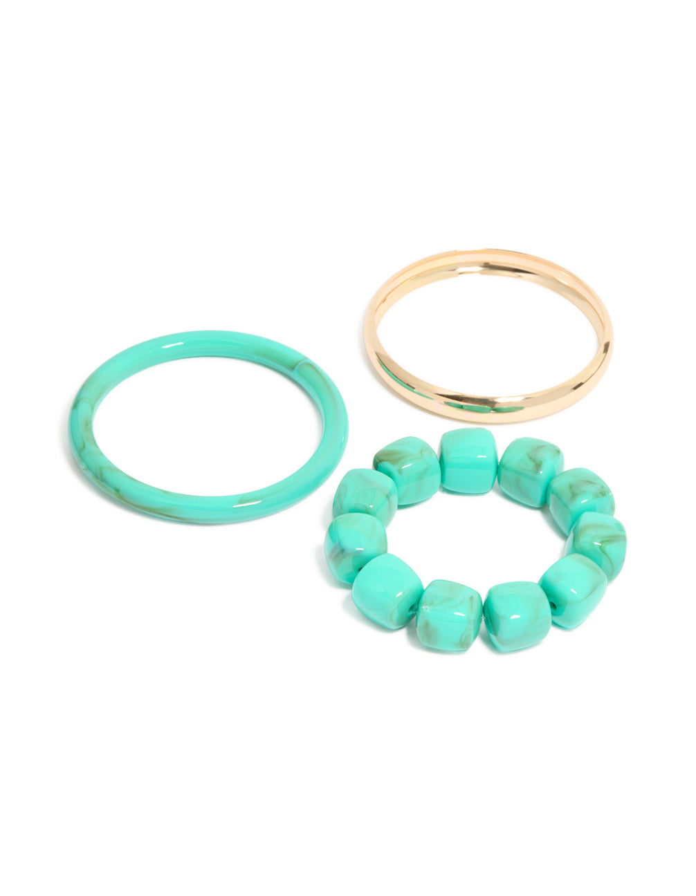 Featuring gold and turquoise acrylic bracelets in a 3-pack with beaded bangle styles in front view