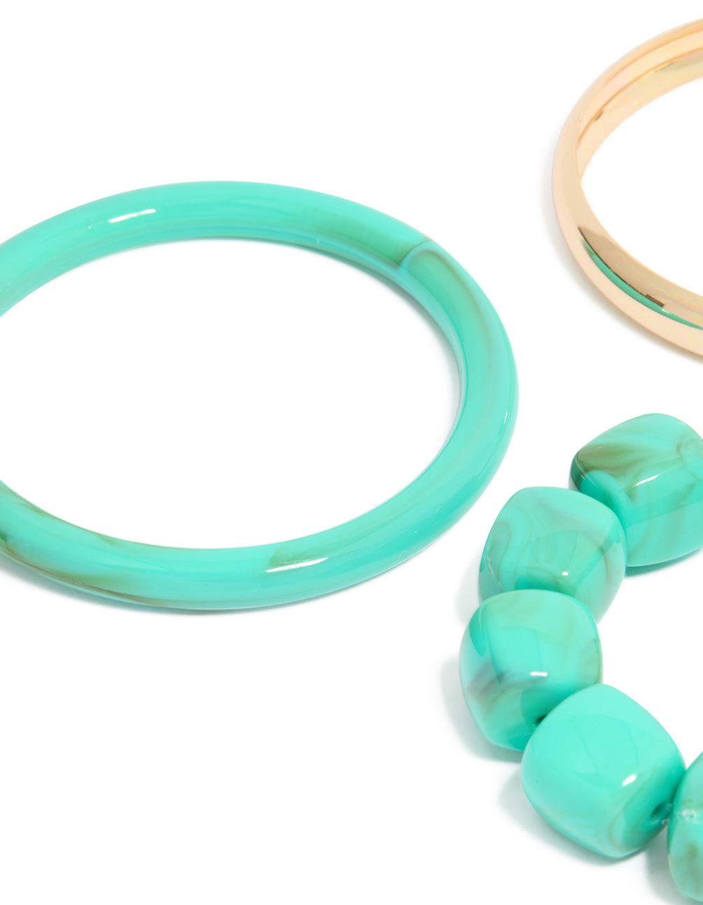 Showcasing gold and turquoise acrylic bracelets 3-pack with beaded bangle construction in close up view