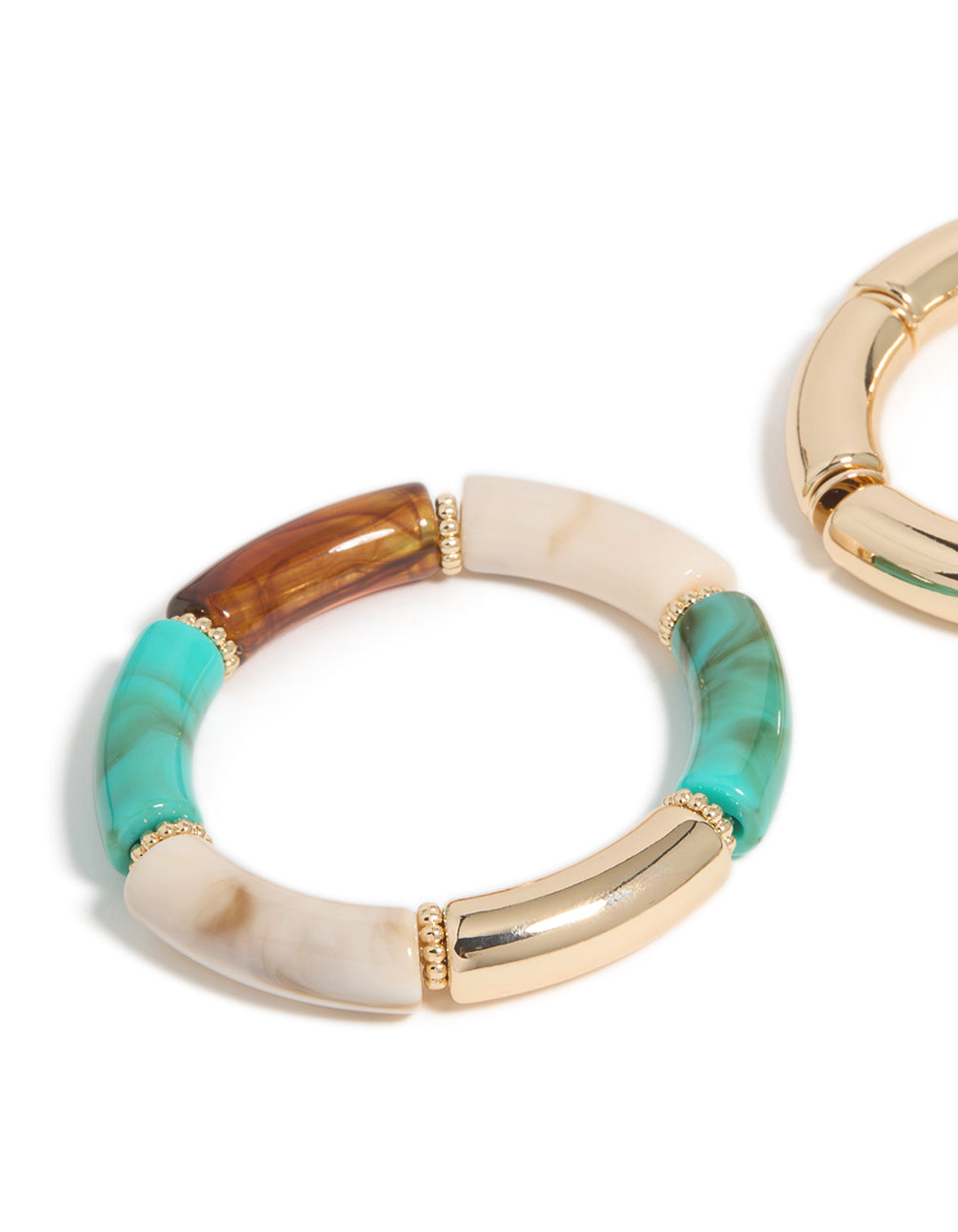 Explore gold with rings and acrylic stretch bracelets 2-pack featuring turquoise accents in close up view