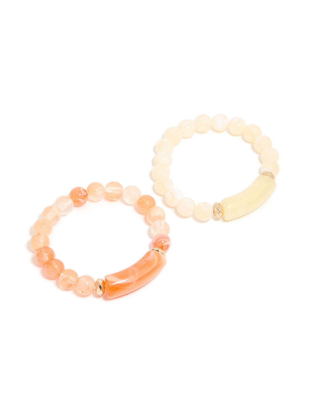 Showcasing pink and cream beaded stretch bracelets in a 2-pack with gold details front view