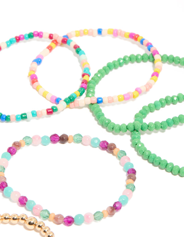 Featuring multicoloured beaded stretch bracelets 9-pack with pearl accents in gold, light green, light pink, and aqua post detail view