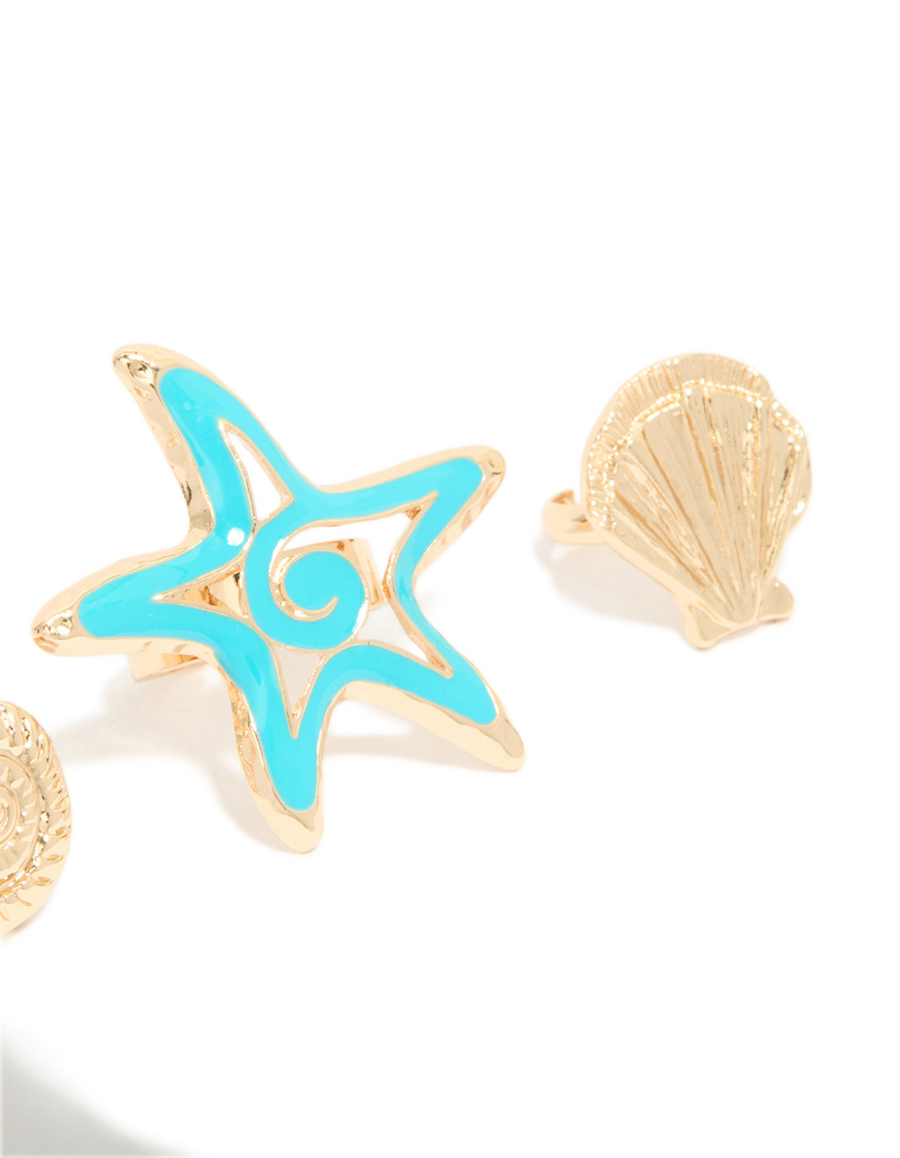 Showcasing gold light blue enamel and sea life rings in a 3-pack featuring animal ocean charm shell statement design detail