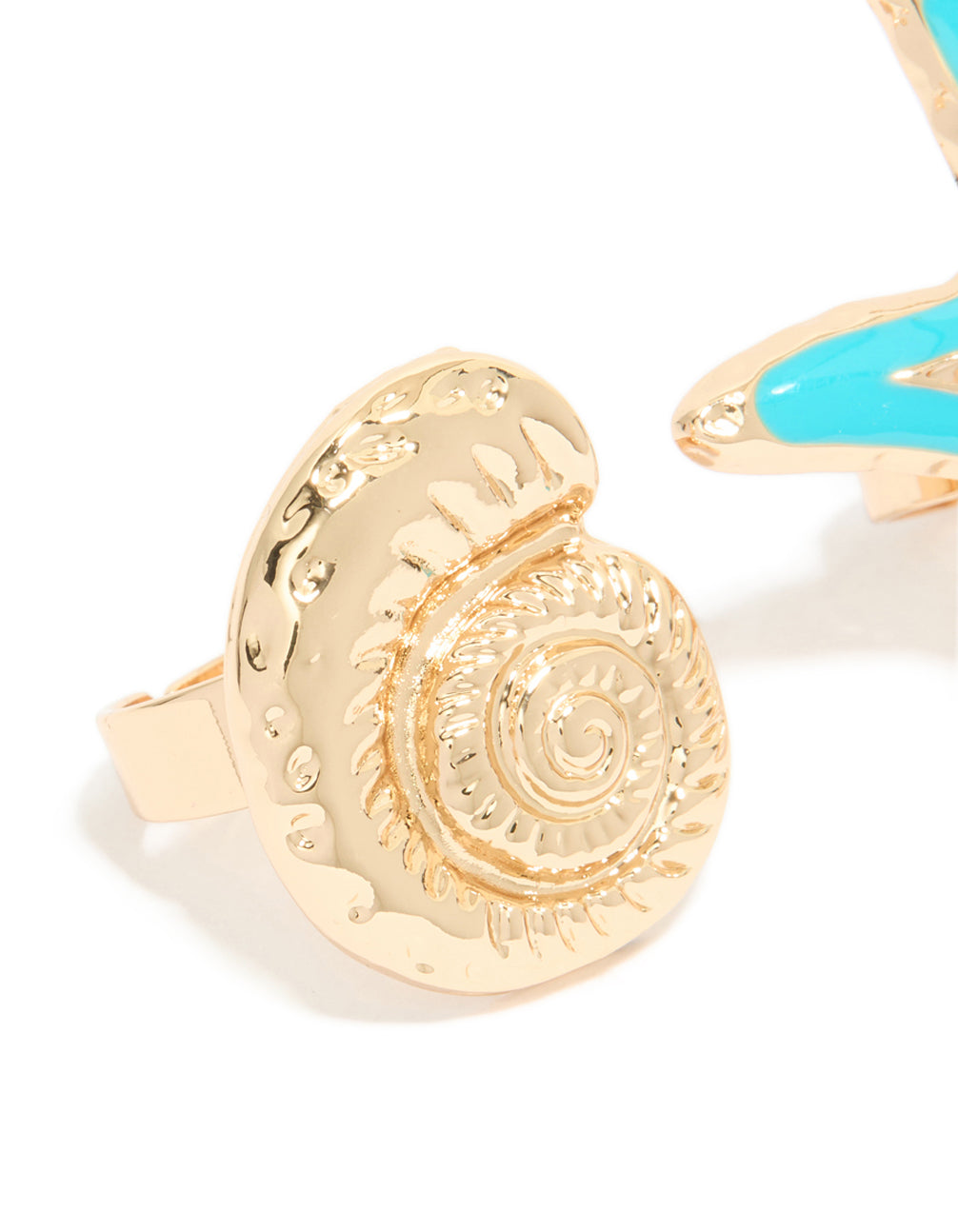 Showcasing gold light blue enamel and sea life rings in a 3-pack featuring animal ocean charm shell statement design detail