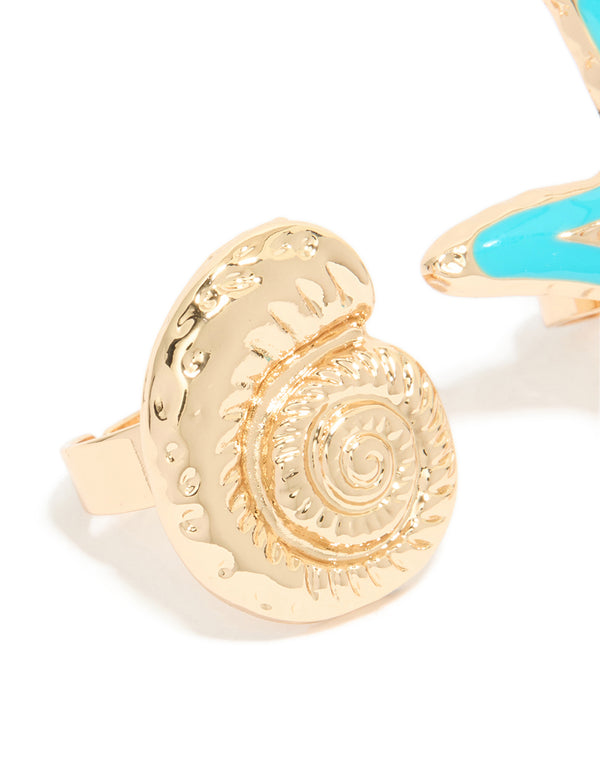 Gold Light Blue Enamel & Sea Life Rings 3-Pack