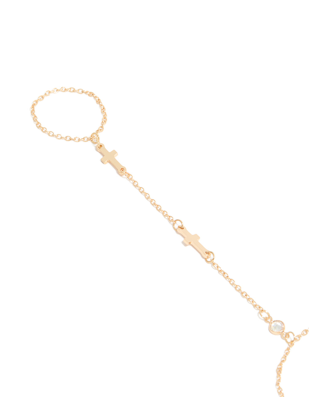 Showcasing a gold hand chain bracelet featuring cross details with close up view