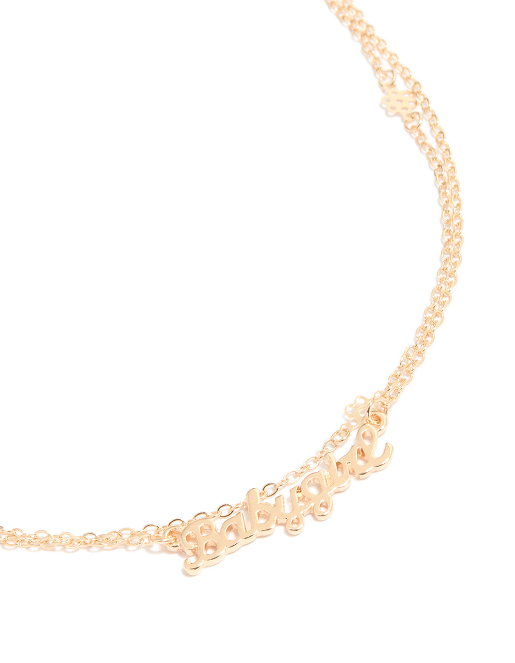beautifully crafted gold babygirl text waist chain featuring a script design detail view