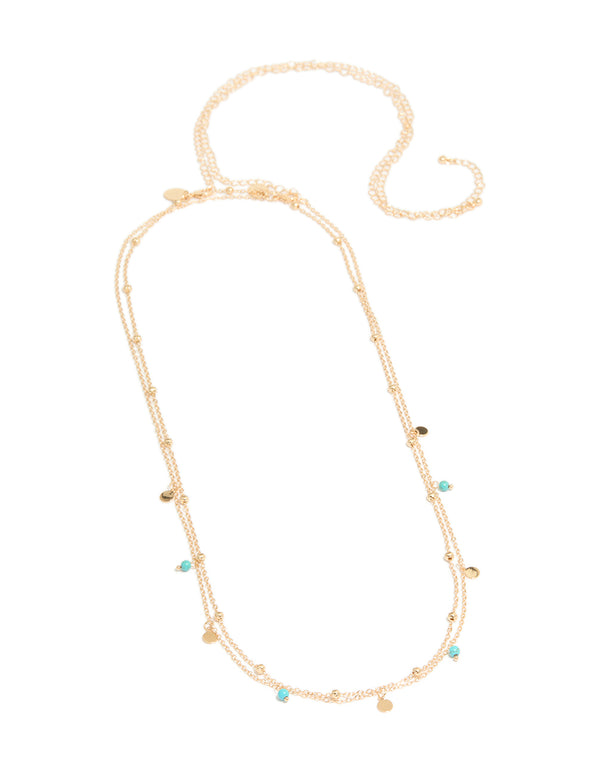 Gold Turquoise Semi Precious Stone & Gold Ball Layered Waist Chain
