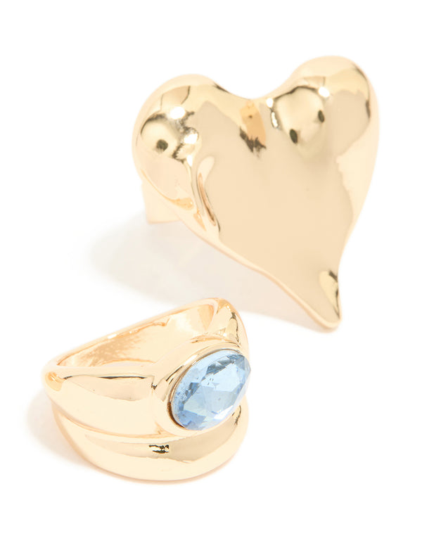 A closer look at the gold blue gem and heart 3-pack rings close up view
