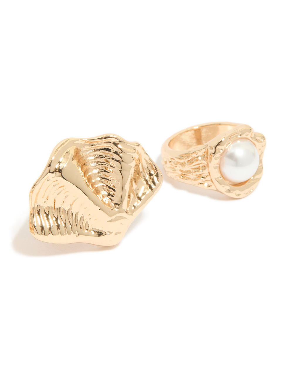 Featuring gold textured starfish and shell rings 3-pack with ocean charm pearl statement styling detail view