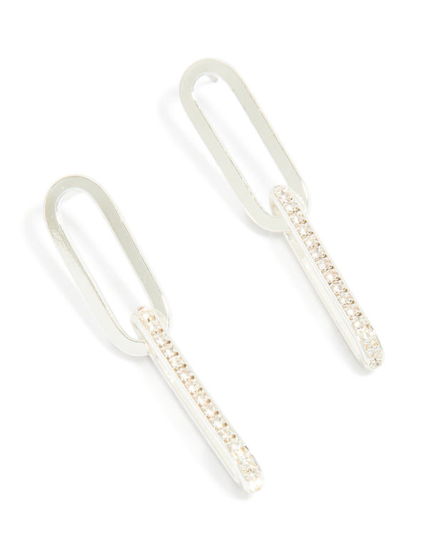 Beautifully crafted silver plated double rectangle diamante stud earrings in front view