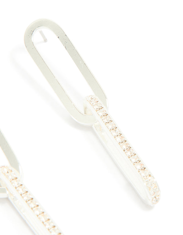 Revealing silver plated double rectangle diamante stud earrings in post detail view