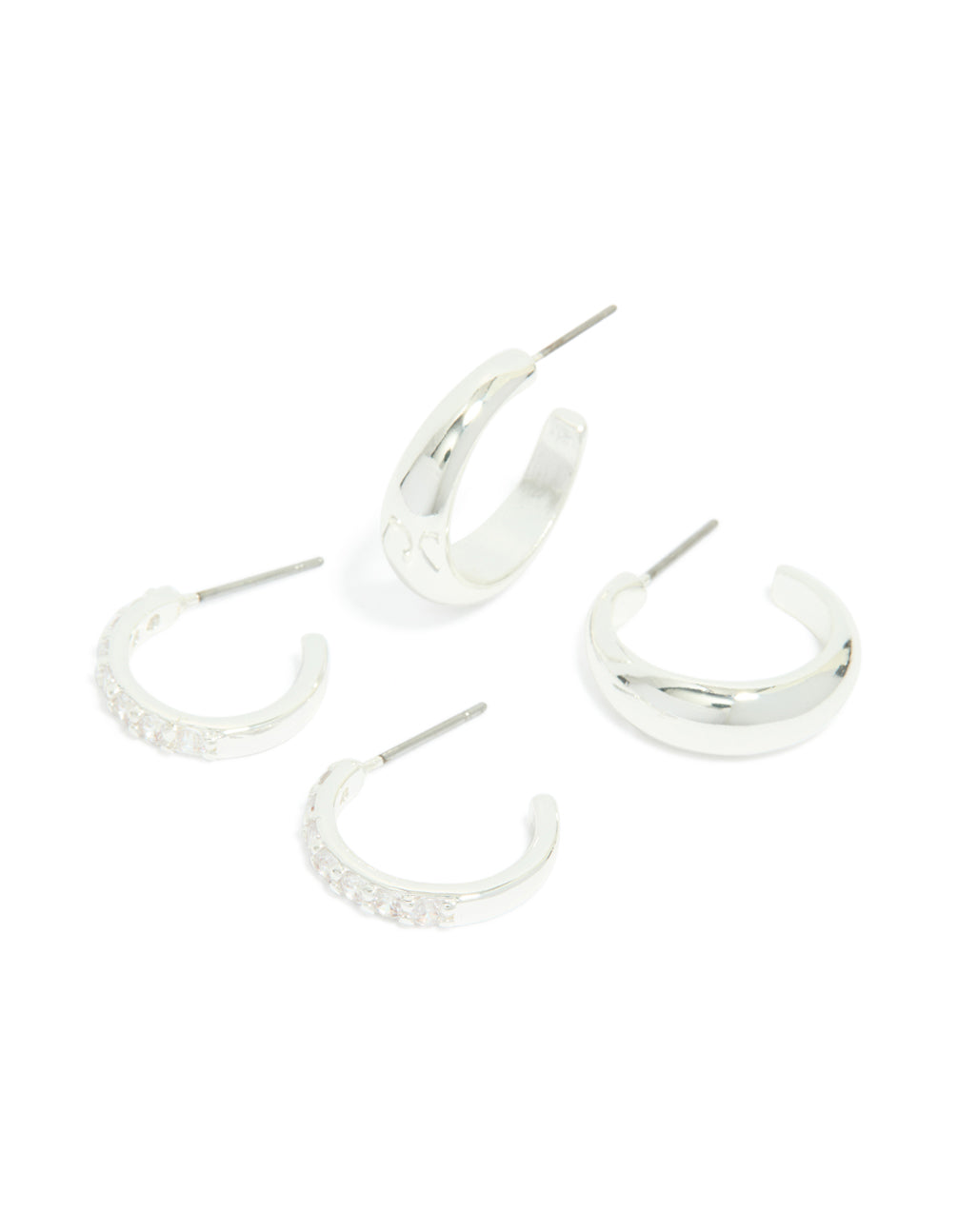 Elegant silver plated cubic zirconia and smooth hoop earrings 2-pack featuring crystal embellishments front view
