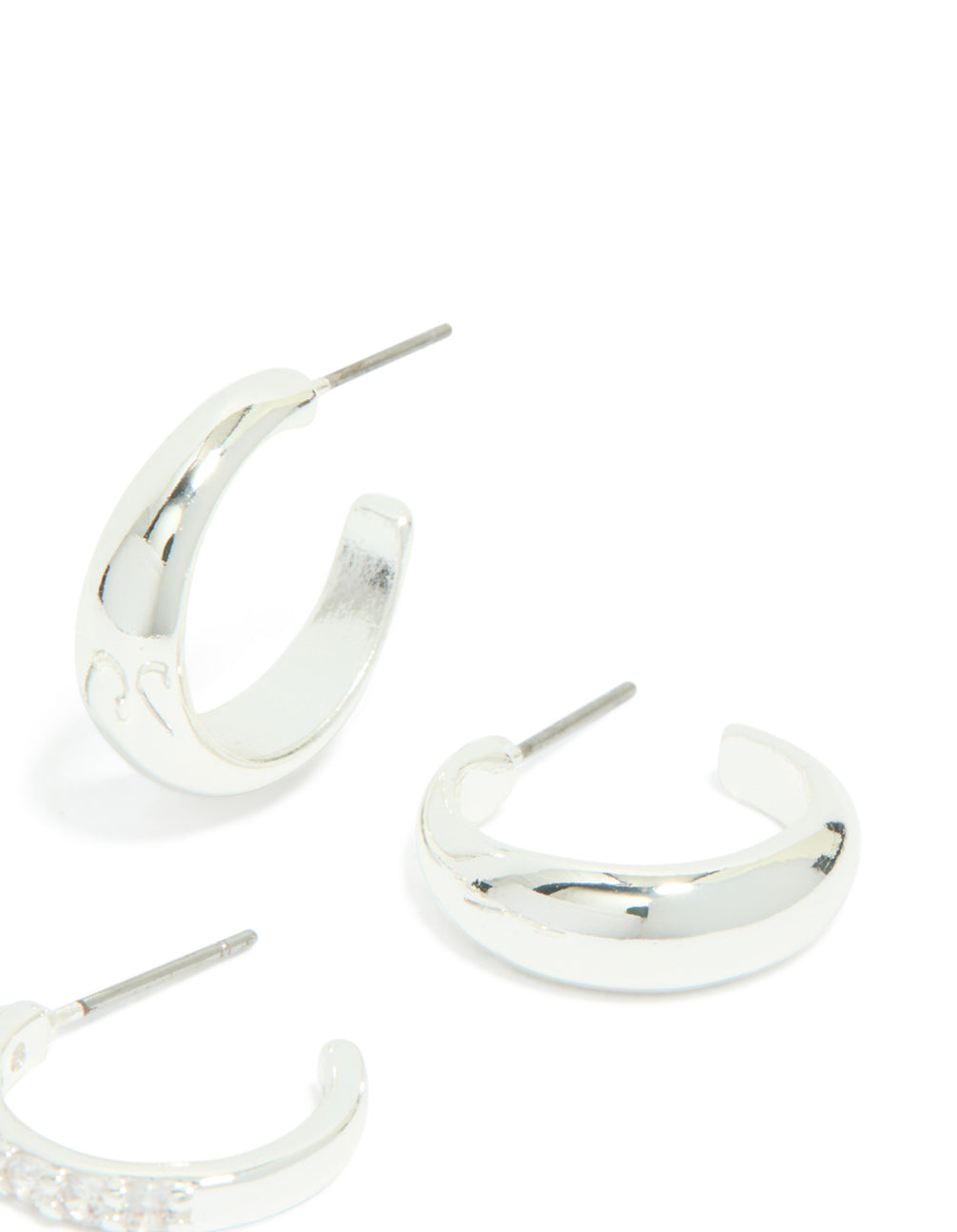 Featuring silver plated cubic zirconia and smooth hoop earrings in a 2-pack with crystal detailing post detail view