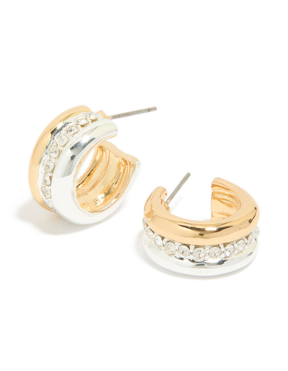 Featuring mixed metal plated cubic zirconia detailed huggie earrings in gold, silver, and white front view