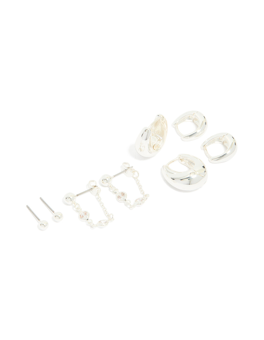 Showcasing a silver plated chain and huggie earrings 4-pack in huggie and stud closures front view