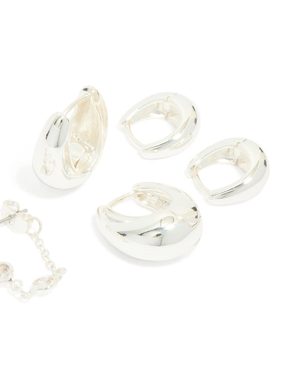 Silver Plated Chain & Huggie Earrings 4-Pack