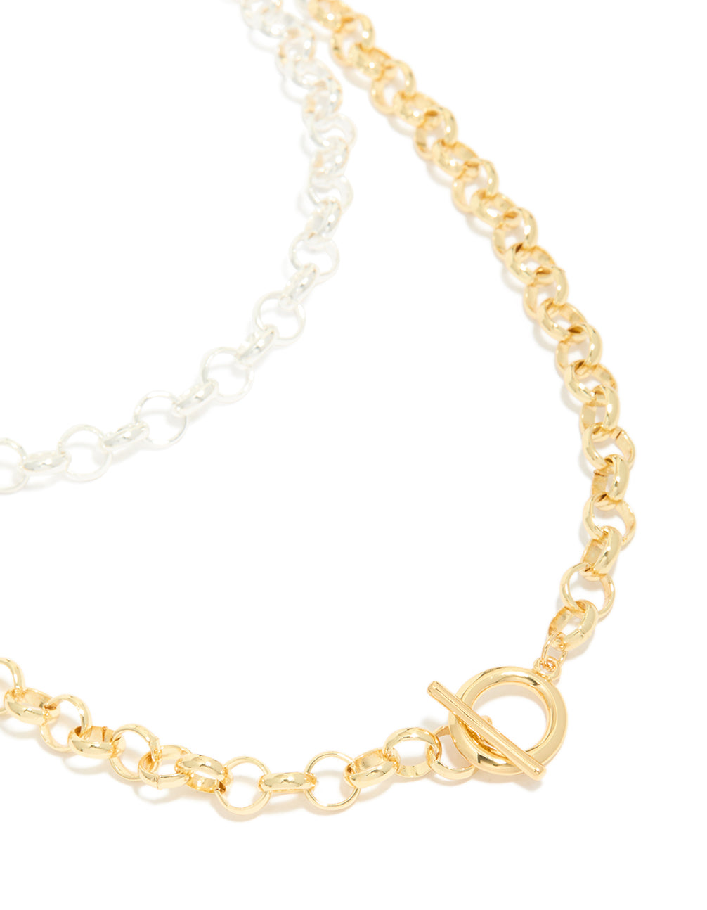 Statement mixed metal plated chain and toggle clasp layered necklace in gold and silver clasp detail view