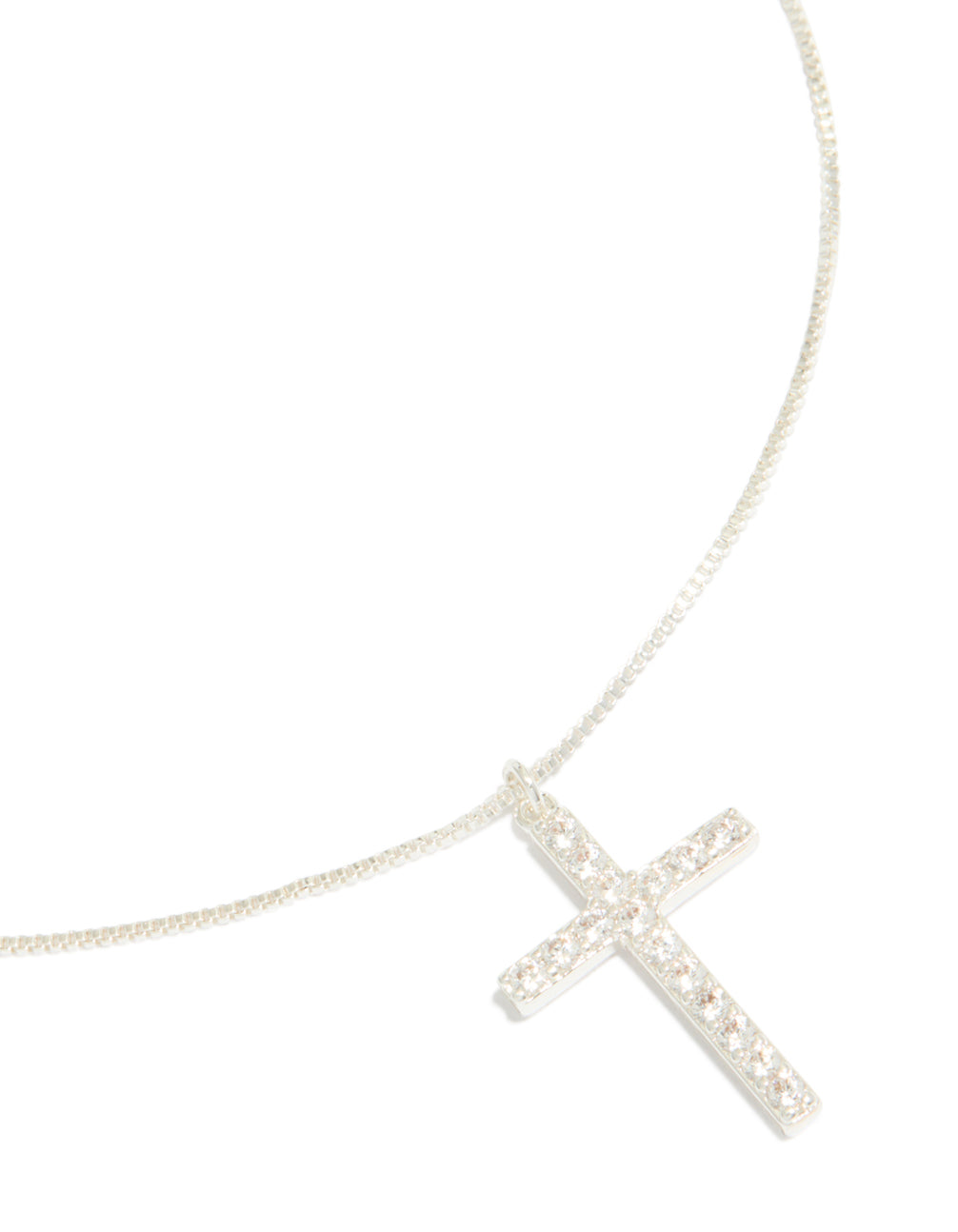 This silver plated fine chain necklace features a dainty diamante cross pendant design close up view