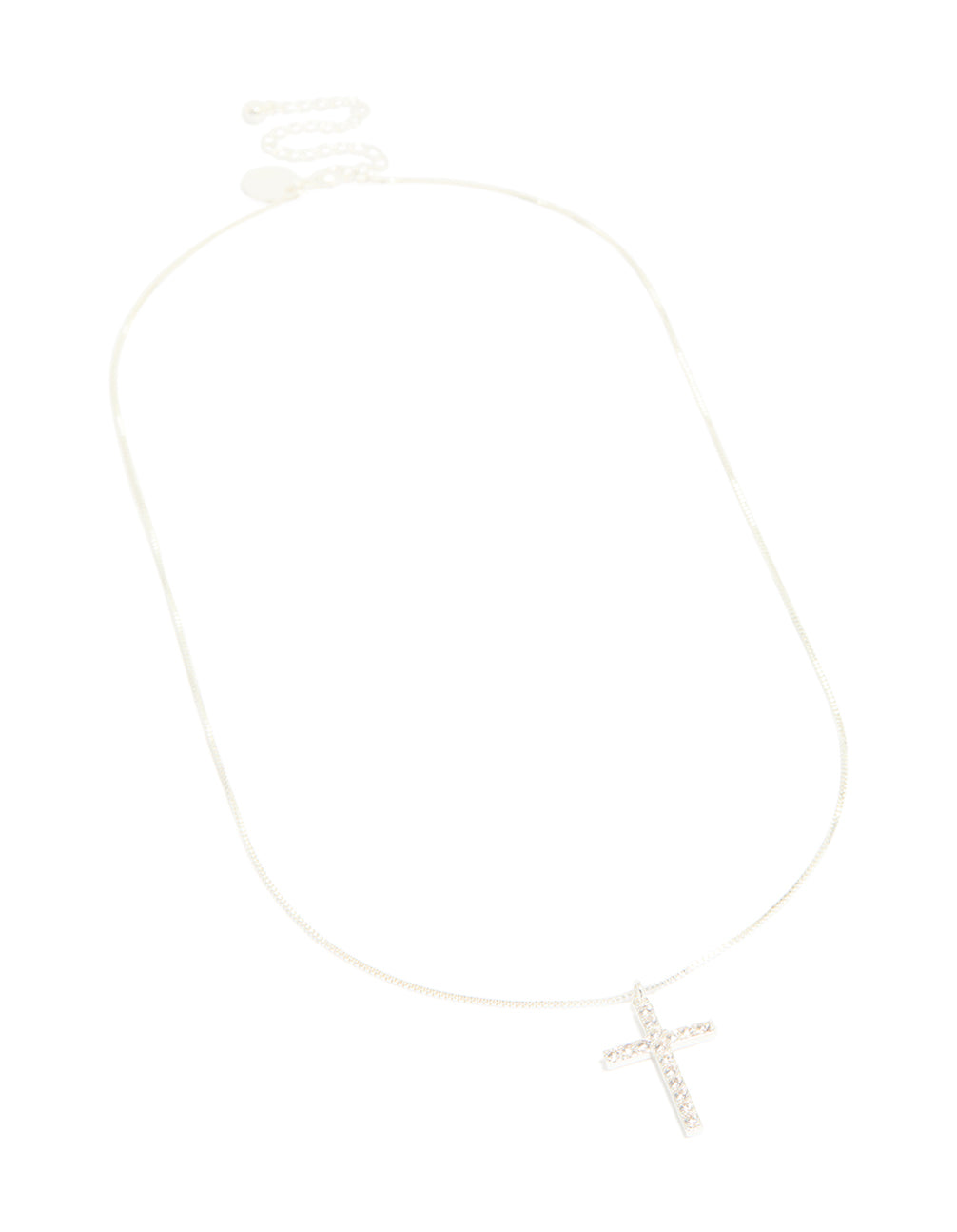 Featuring a silver plated fine chain necklace with dainty diamante cross pendant front view