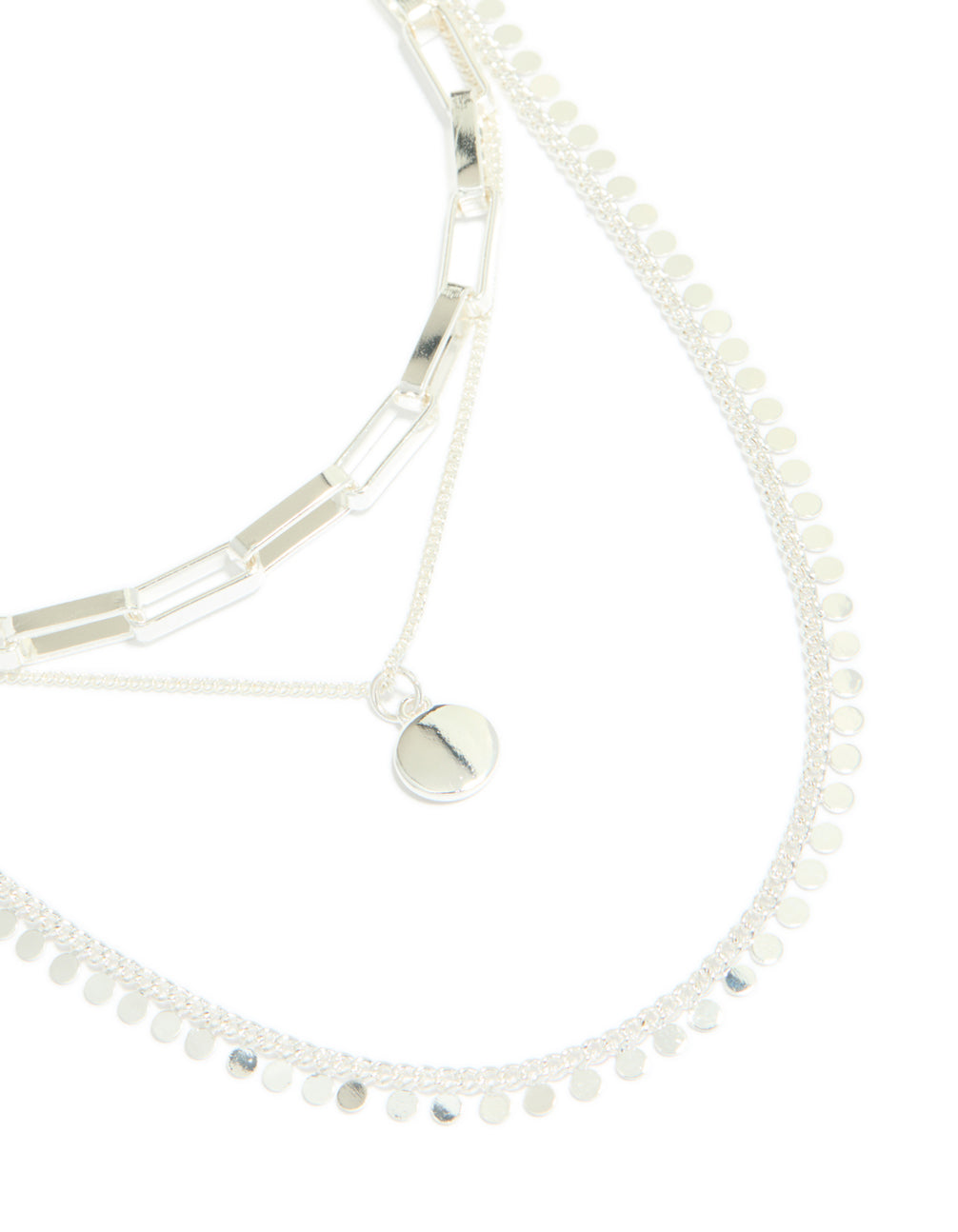 Showcasing a disc chain layered necklace crafted from silver plated material in statement style front view