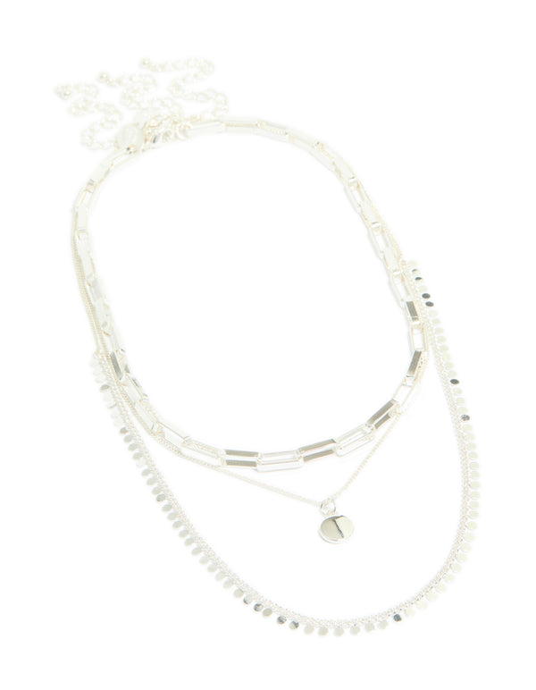 Silver Plated Disc & Chain Layered Necklace