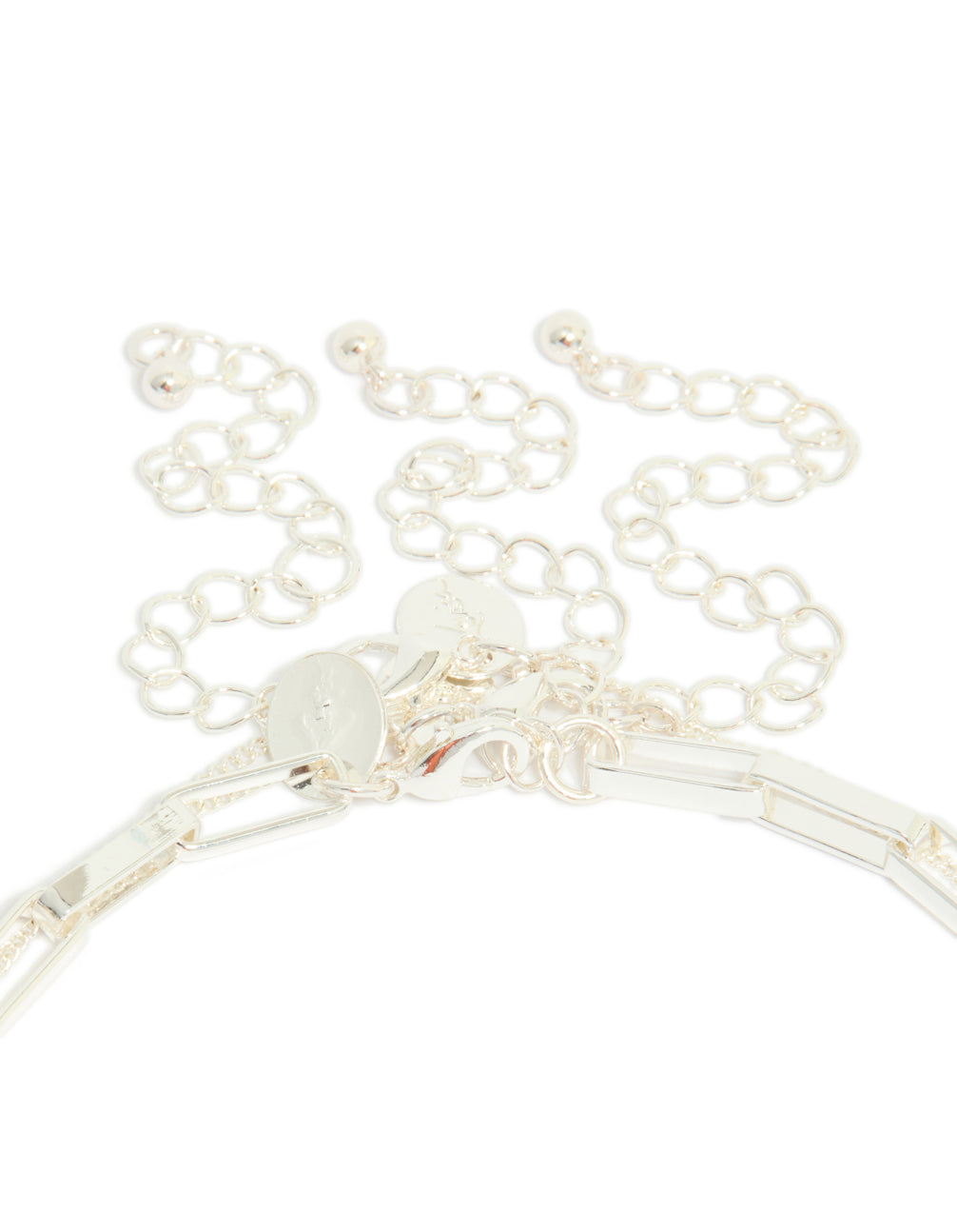 Designed with disc chain layered necklace in silver plated material and statement style clasp detail view