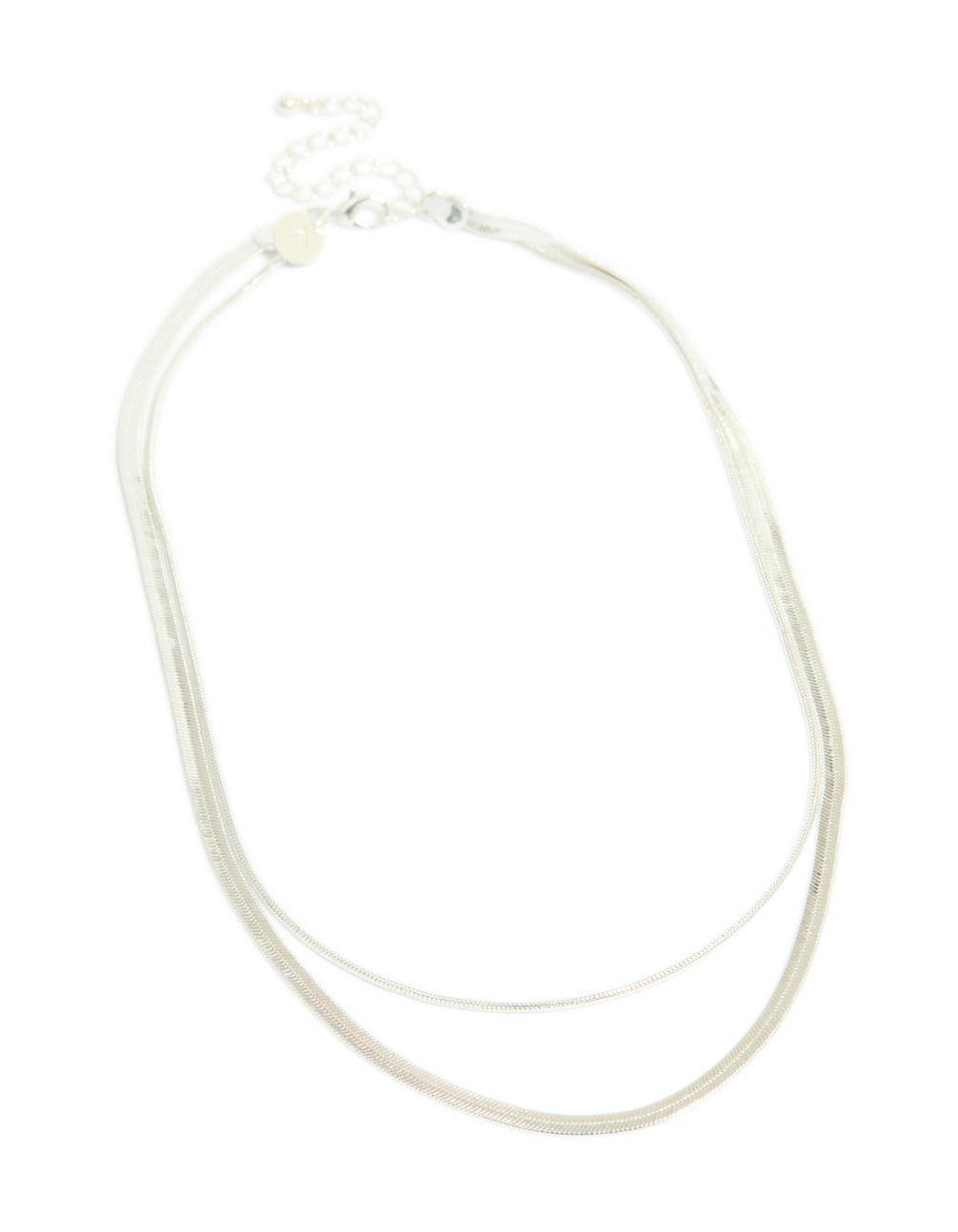 Displaying the silver plated layered necklace featuring sleek snake chain front view