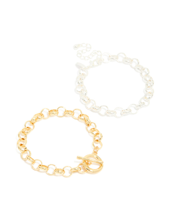Featuring mixed metal plated round open fob chain bracelets in gold and silver 2-pack front view