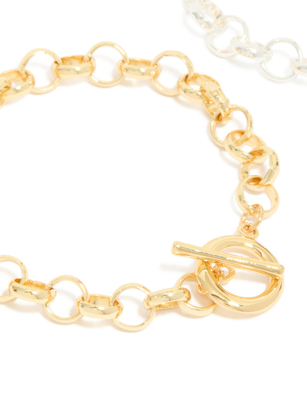 Highlighting mixed metal plated round open fob chain bracelets with gold finish and toggle closure detail view