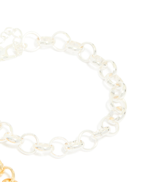 Detailing mixed metal plated round open fob chain bracelet in silver 2-pack close up view