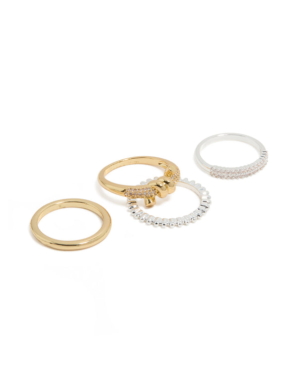 Showcasing mixed metal plated cubic zirconia knotted textured rings 4-pack with beads and charm in gold, silver, clear and pink stone front view