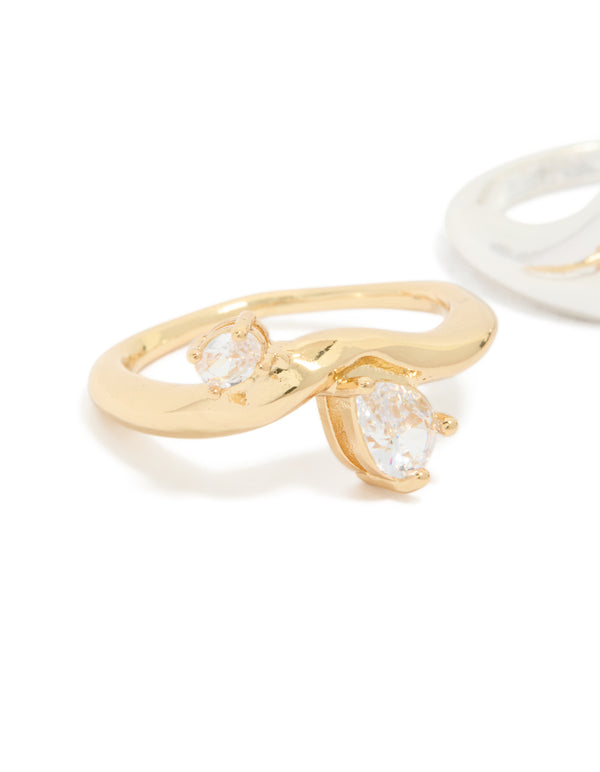Mixed Metal Plated Cubic Zirconia Chunky Wave Rings 2-Pack