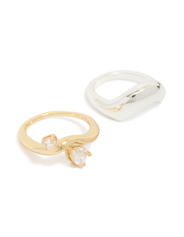 Mixed Metal Plated Cubic Zirconia Chunky Wave Rings 2-Pack