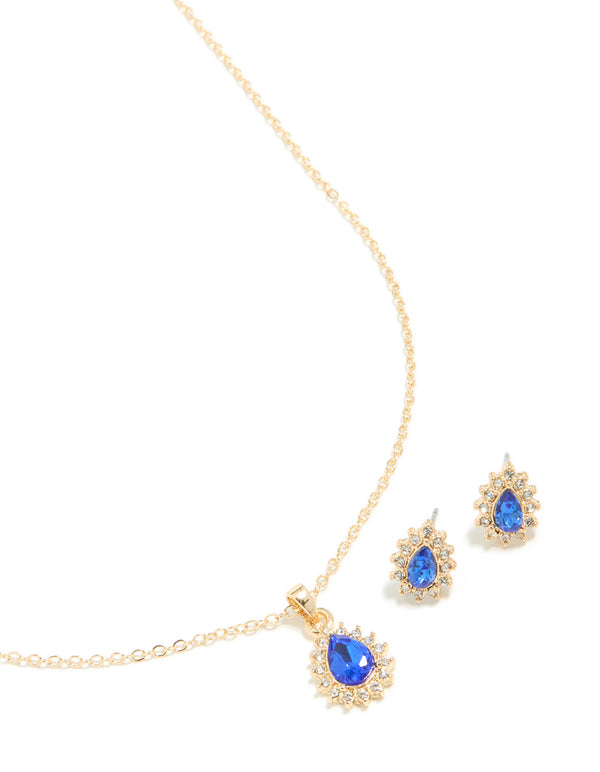 Gold Sapphire Diamante Pear Necklace & Earrings Set