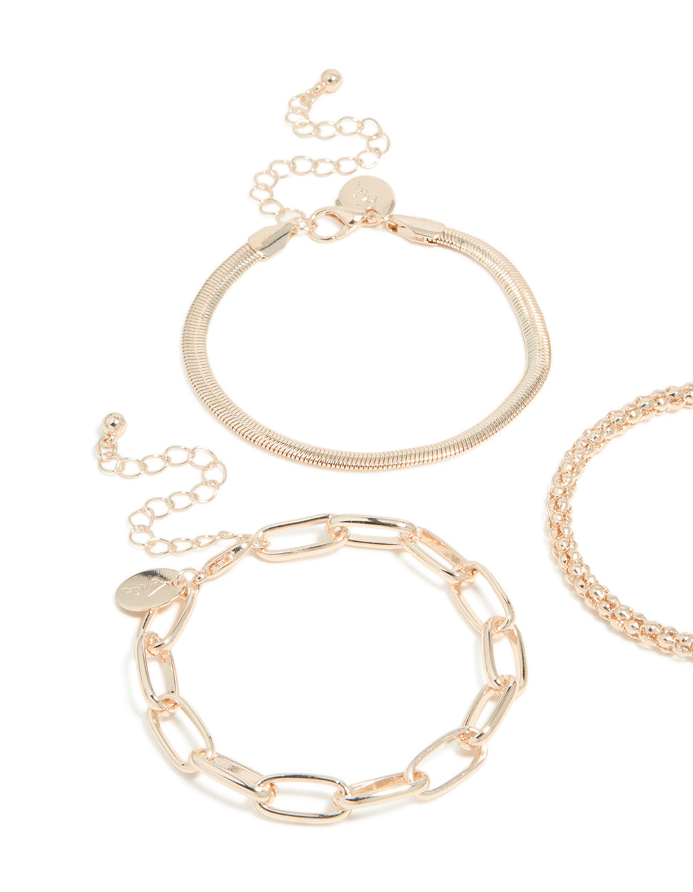 Showcasing a rose gold mixed chains bracelet 3-pack with close up view