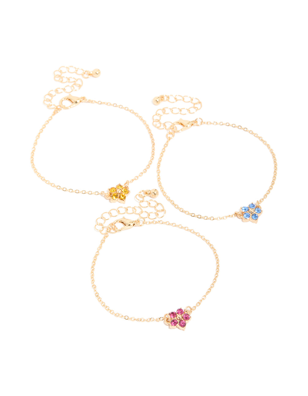 Discover this gold diamante flower featuring bracelets 3-pack in a floral pattern with statement style front view