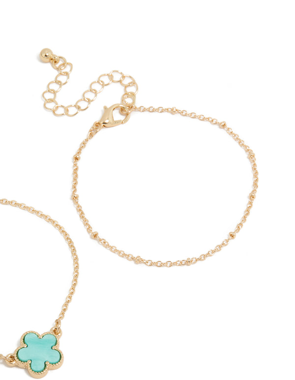 Gold Plain Chain & Blue Flower Bracelets 2-Pack