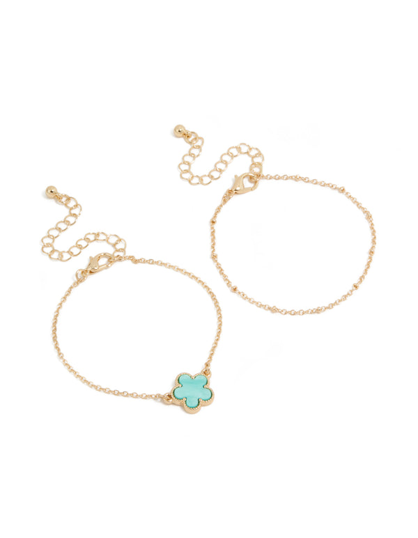 Gold Plain Chain & Blue Flower Bracelets 2-Pack