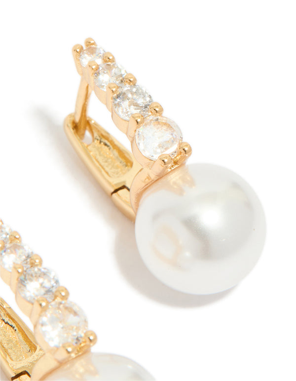 Gold Plated Cubic Zirconia & Pearl Huggie Earrings