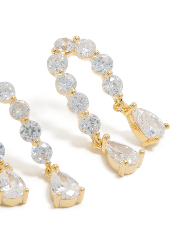 Gold Plated Cubic Zirconia Teardrop Double Drop Earrings