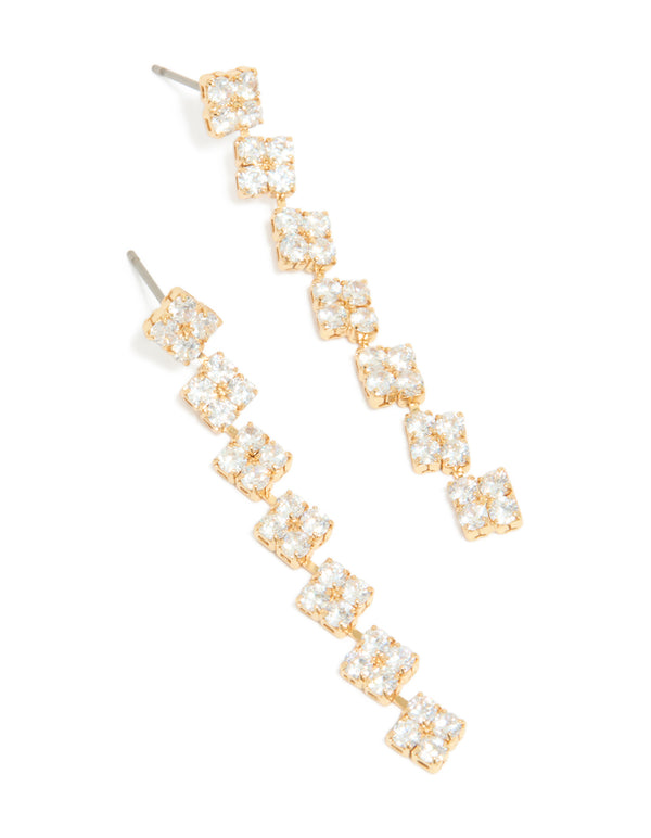 Capturing gold plated cubic zirconia multi flower drop earrings with floral pattern front view