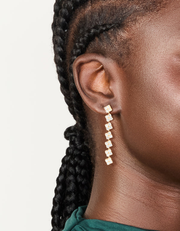 Showcasing gold plated cubic zirconia multi flower drop earrings with floral pattern on ear view