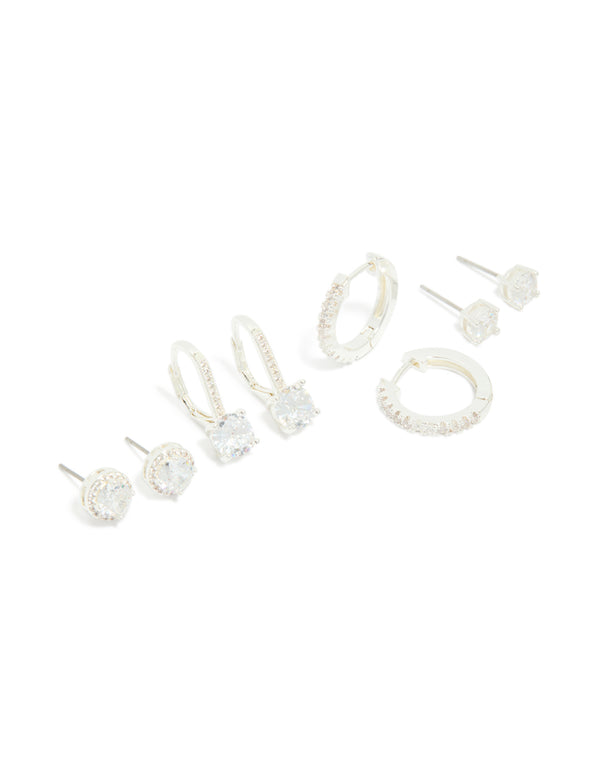 Silver Plated Cubic Zirconia Mixed Stud & Huggie Earrings 4 Pack