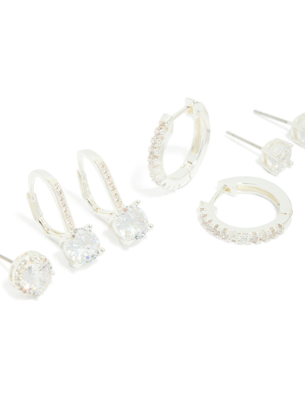 Silver Plated Cubic Zirconia Mixed Stud & Huggie Earrings 4 Pack