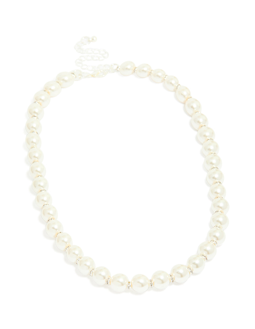 Discover this silver plated diamante and pearl necklace in ivory with crystal spacers front view